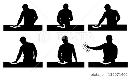Black Solid Baristas Wiping Counter Silhouettes Set of Six on White Background Black Solid Baristas Wiping Counter Silhouettes Set of Six on White Background 139071402