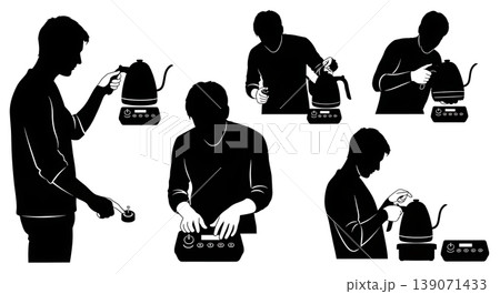 Black Solid Baristas Digital Kettle Silhouettes Set of Six on White Background 139071433