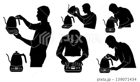 Black Solid Baristas Digital Kettle Silhouettes Set of Six on White Background 139071434