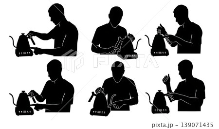 Black Solid Baristas Digital Kettle Silhouettes Set of Six on White Background 139071435