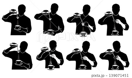 Black Solid Baristas Dusting Chocolate Silhouettes Set of Six on White Background 139071451