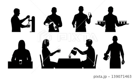 Black Solid Baristas Filling Water Silhouettes Set of Six on White Background Black Solid Baristas Filling Water Silhouettes Set of Six on White Background 139071463
