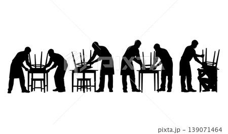 Black Solid Baristas Fixing Table Silhouettes Set of Six on White Background Black Solid Baristas Fixing Table Silhouettes Set of Six on White Background 139071464