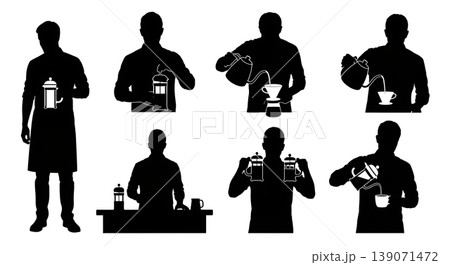 Black Solid Baristas French Press Silhouettes Set of Six on White Background Black Solid Baristas French Press Silhouettes Set of Six on White Background 139071472