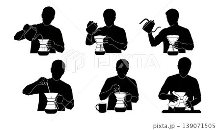 Black Solid Baristas Holding Chemex Silhouettes Set of Six on White Background Black Solid Baristas Holding Chemex Silhouettes Set of Six on White Background 139071505
