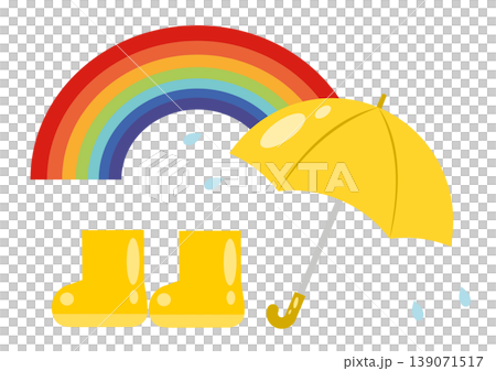 A rainbow after the rain, a yellow umbrella, and rain boots – images of the rainy season. A rainbow after the rain, a yellow umbrella, and rain boots – images of the rainy season. 139071517