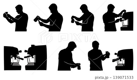 Black Solid Baristas Locking Portafilter Silhouettes Set of Six on White Background Black Solid Baristas Locking Portafilter Silhouettes Set of Six on White Background 139071533
