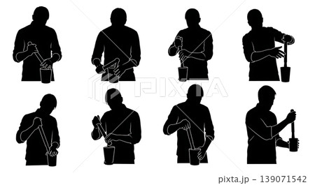 Black Solid Baristas Muddling Ingredients Silhouettes Set of Six on White Background Black Solid Baristas Muddling Ingredients Silhouettes Set of Six on White Background 139071542