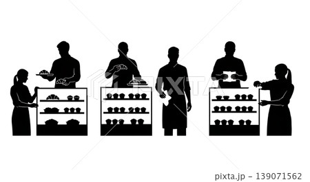 Black Solid Baristas Organizing Pastry Silhouettes Set of Six on White Background 139071562