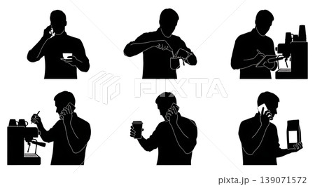 Black Solid Baristas Taking Phone Order Silhouettes Set of Six on White Background Black Solid Baristas Taking Phone Order Silhouettes Set of Six on White Background 139071572