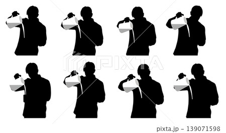 Black Solid Baristas Pouring Milk Gallon Silhouettes Set of Six on White Background Black Solid Baristas Pouring Milk Gallon Silhouettes Set of Six on White Background 139071598