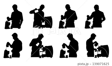 Black Solid Baristas Refilling Water Tank Silhouettes Set of Six on White Background 139071625