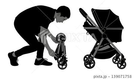 Black Solid Baby Store Associates with Strollers Set of Six on White Background Black Solid Baby Store Associates with Strollers Set of Six on White Background 139071758