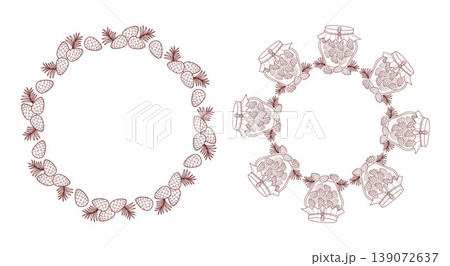 Pine Cone Jam Wreaths Set. Line Art Circle Frames With Glass Jars, Branches And Young Cones. Brown Outline drawing, coloring. Isolated Forest Template with Empty Copy Space. Vector Illustration. 139072637
