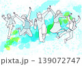 スタートアップのイメージイラストージャンプするビジネスパーソンーカジュアル服ー抽象的背景イラスト素材 139072747