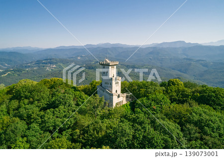 Historic observation tower on forested mountain peak overlooking expansive green landscape Historic observation tower on forested mountain peak overlooking expansive green landscape 139073001