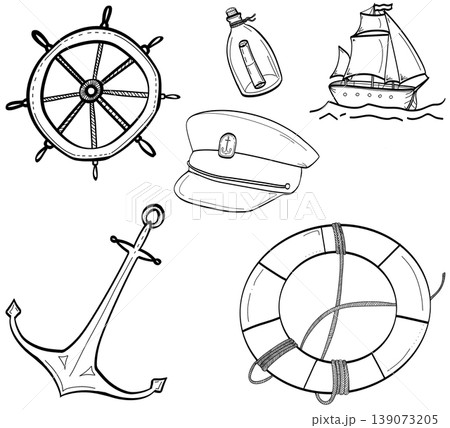 A collection of nautical-themed line art illustrations including a sailing ship, captain's hat, anchor, lifebuoy, steering wheel, and message in a bottle. Isolated hand-drawn sketches for marine desig A collection of nautical-themed line art illustrations including a sailing ship, captain's hat, anchor, lifebuoy, steering wheel, and message in a bottle. Isolated hand-drawn sketches for marine desig 139073205