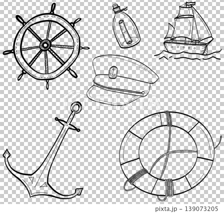 A collection of nautical-themed line art illustrations including a sailing ship, captain's hat, anchor, lifebuoy, steering wheel, and message in a bottle. Isolated hand-drawn sketches for marine desig A collection of nautical-themed line art illustrations including a sailing ship, captain's hat, anchor, lifebuoy, steering wheel, and message in a bottle. Isolated hand-drawn sketches for marine desig 139073205