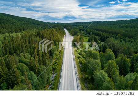 A long, empty road stretches through a vibrant green forest, blending coniferous and deciduous trees. A long, empty road stretches through a vibrant green forest, blending coniferous and deciduous trees. 139073292