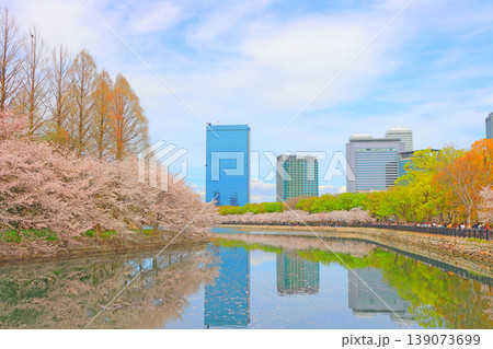 大阪府大阪市、満開の桜と大阪城外堀の風景 大阪府大阪市、満開の桜と大阪城外堀の風景 139073699