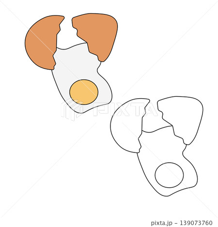 Cracked chicken egg. Broken hen egg with smashed eggshell cartoon style, Logo icon isolated hand drawn illustration. Vector graphic line art. organic natural product for cooking healthy breakfast. 139073760