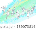 スタートアップのイメージイラストージャンプするビジネスパーソンーカジュアル服ー抽象的背景イラスト素材 139073814