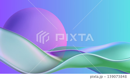 Abstract 3d sphere art with dynamic iridescent waves creating a holographic fluid surface against a vibrant purple and blue gradient background, minimalism concept Abstract 3d sphere art with dynamic iridescent waves creating a holographic fluid surface against a vibrant purple and blue gradient background, minimalism concept 139073848