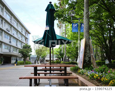 大学のパラソル付きベンチ 139074225