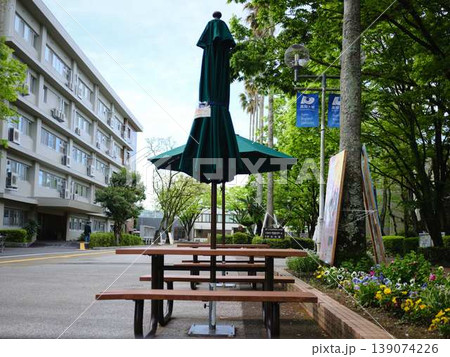 大学のパラソル付きベンチ 139074226