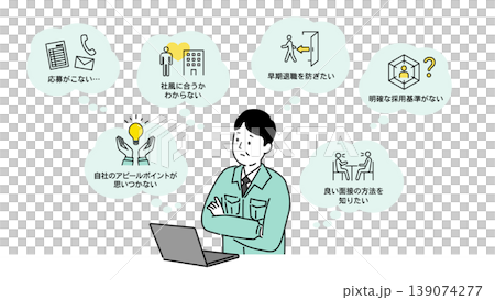 Illustrations of company managers struggling with recruitment, and character images of recruiters thinking about preventing insufficient applications and early employee turnover. 139074277