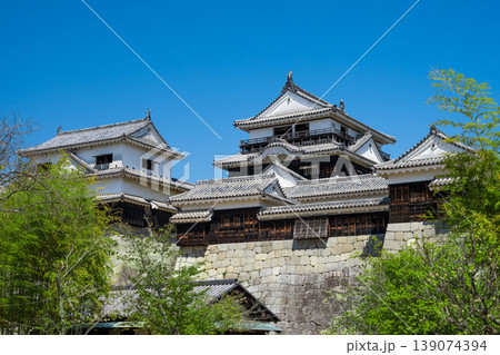 愛媛県 松山城の連立式天守閣と石垣 青空に映える現存十二天守 愛媛県 松山城の連立式天守閣と石垣 青空に映える現存十二天守 139074394