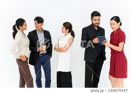 Group portrait of Young Asian Businesspeople talking while standing in a row. isolated on white background happy professional team people. 139074547