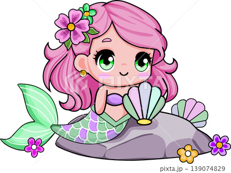 A cute cartoon mermaid sitting on a rock with a seashell on transparent background 139074829