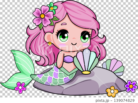 A cute cartoon mermaid sitting on a rock with a seashell on transparent background 139074829