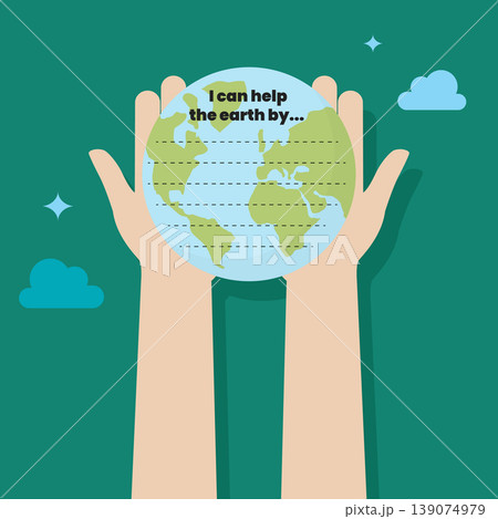Hand holding earth globe with writing prompt. Hand holding earth globe with writing prompt. 139074979