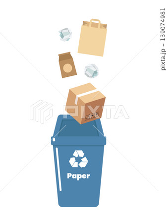 Paper garbage sorting container with recycle symbol. 139074981