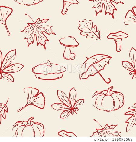 Autumn seamless pattern with linear leaves mushrooms and pumpkins Autumn seamless pattern with linear leaves mushrooms and pumpkins 139075565