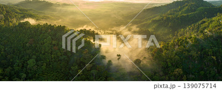 Aerial view of A stunning sunrise over the Misty Mountain Valley Aerial view of A stunning sunrise over the Misty Mountain Valley 139075714