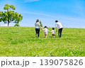 青空の草原を手を繫いで歩く家族 139075826
