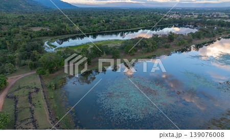 Aerial view of large pond Wat Phu Temple Complex in Champasak 139076008