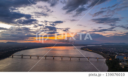 Aerial view of Sunrise Sunset and Daily Life Around Pakse Great Mekong Bridge. 139076010
