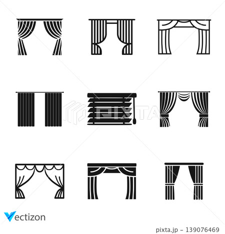 Window blinds icons set. Statutory different types of blinds, linear icon collection. Window blinds icons set. Statutory different types of blinds, linear icon collection. 139076469