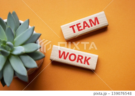 TEAM WORK symbol. Concept word TEAM WORK on wooden blocks. Beautiful orange background with succulent plant. Business and TEAM WORK concept. Copy space TEAM WORK symbol. Concept word TEAM WORK on wooden blocks. Beautiful orange background with succulent plant. Business and TEAM WORK concept. Copy space 139076548