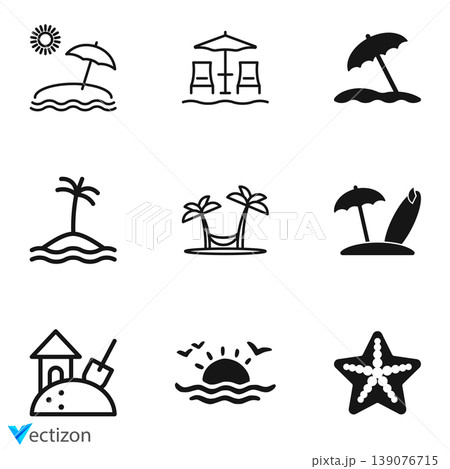 Set of beach icons on a white background. Modern outline style icons collection. Set of beach icons on a white background. Modern outline style icons collection. 139076715