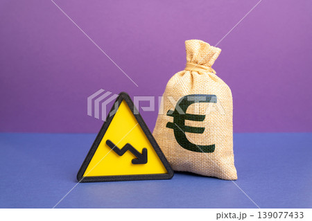 Euro a money bag and arrow points down. Capital is fleeing to safer assets. Investment in the economy declines and liquidity falls. Financial instability. Revenue and wage decline. Budget cuts. Euro a money bag and arrow points down. Capital is fleeing to safer assets. Investment in the economy declines and liquidity falls. Financial instability. Revenue and wage decline. Budget cuts. 139077433
