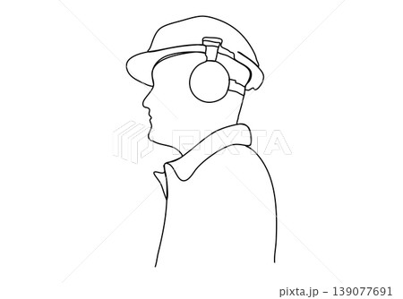 Builder in a protective helmet one line drawing. Vector illustration. 139077691