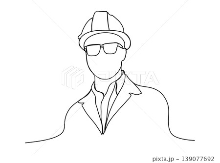 Builder in a protective helmet one line drawing. Vector illustration. 139077692
