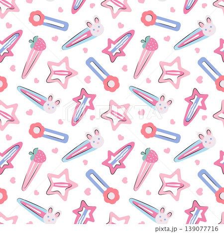 Seamless pattern with cute hair clips for girl. Decorative Hairpins, hair accessory with rabbit, strawberry, star, flower shape. Kawaii style background for textile, wrapping paper and fashion product 139077716