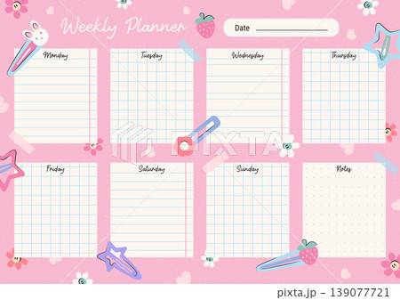 Weekly planner page with grid and lined sections for schedule organization. Template layout for note taking and daily task management. Stationery design with cute Colorful accessories for girl 139077721