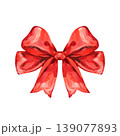 Hand drawn watercolor illustration of a large red silk bow. This elegant festive element features rich crimson tones, realistic shadows, and soft textures, perfect for Christmas and gift decor. 139077893